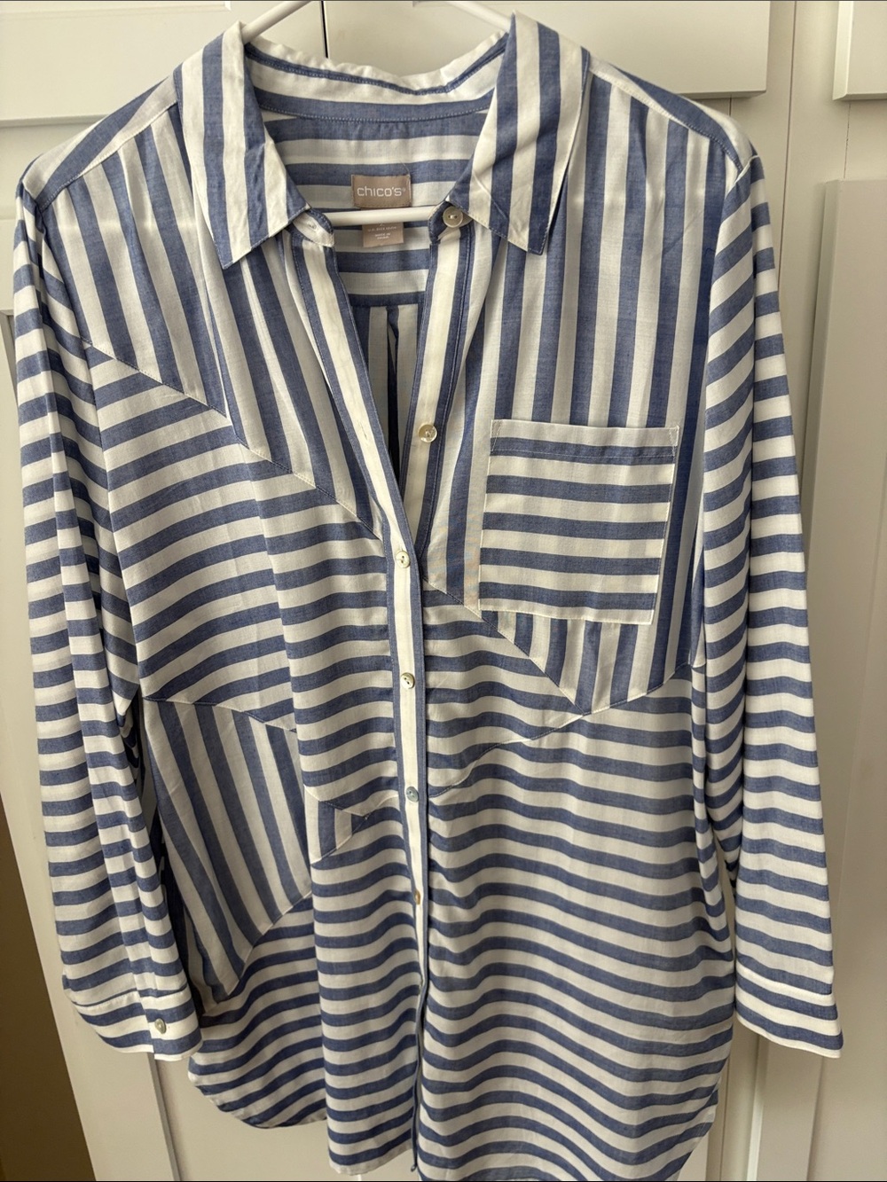 Chico's White and Light Blue Striped Blouse